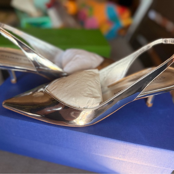 Stuart Weitzman EVA 50 Slingback Heels Sz 9.5 Silver Metallic Kitten Pointed Toe - Picture 1 of 6